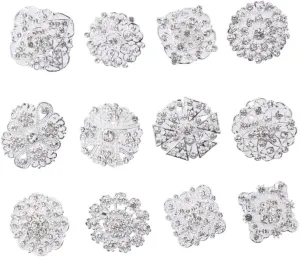 12 PCS Brooches and Pins,Gold or Silver Color with Rhinestone Crystal Flower Pin Backs for Wedding Bouquet Party Decoration