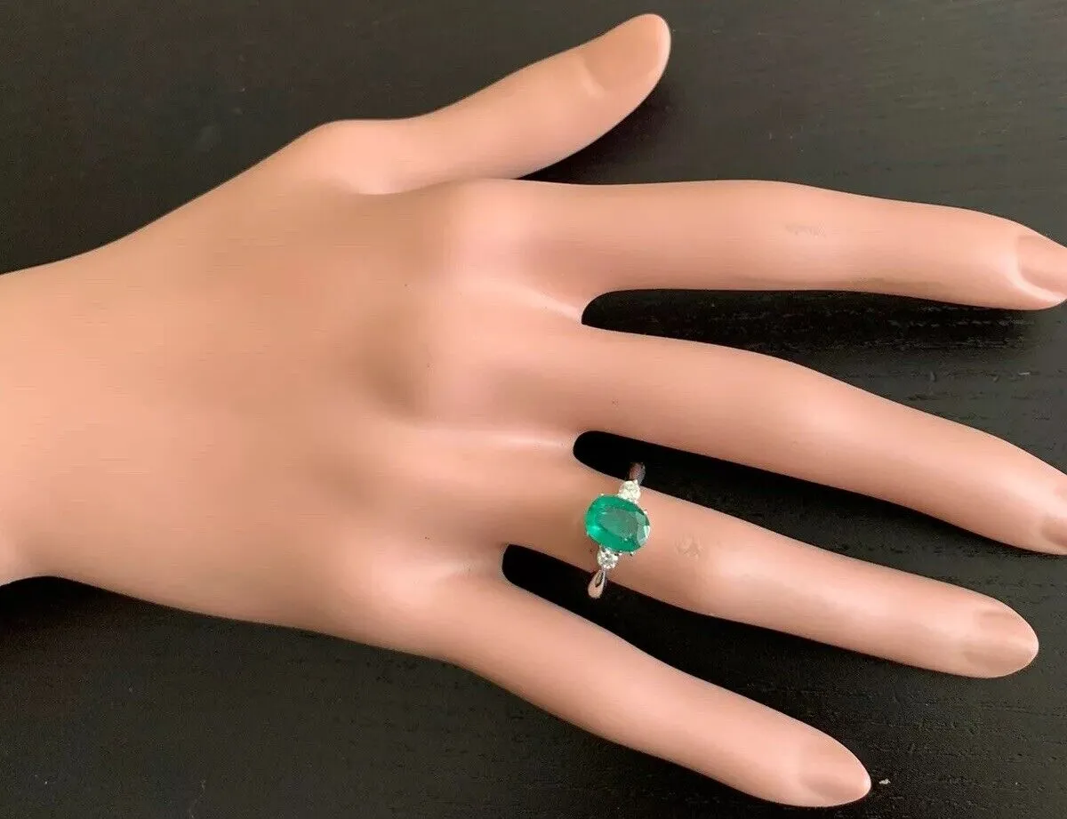 1.24 Carats Exquisite Emerald and Diamond 14K Solid White Gold Ring