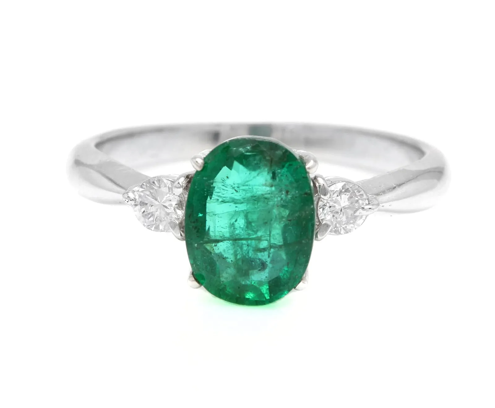 1.24 Carats Exquisite Emerald and Diamond 14K Solid White Gold Ring