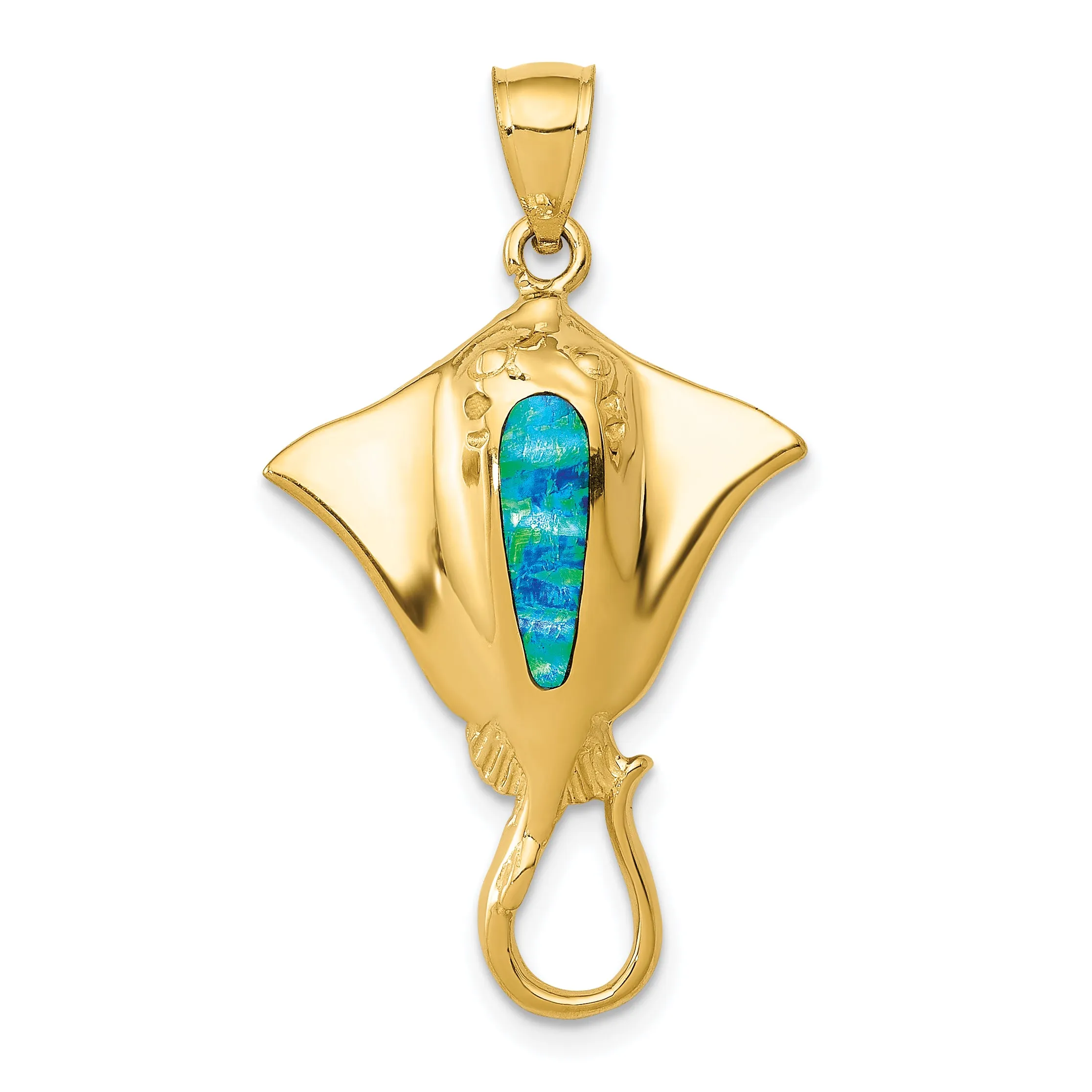 14K Gold Polished Stingray Pendant with Created Blue Opal