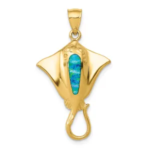 14K Gold Polished Stingray Pendant with Created Blue Opal