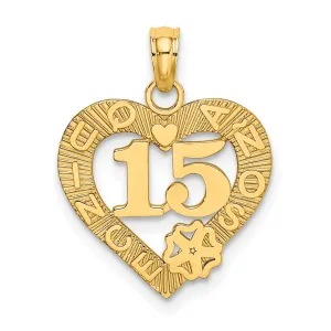 14k Yellow Gold QUINCE ANOS 15 in Heart Design Pendant