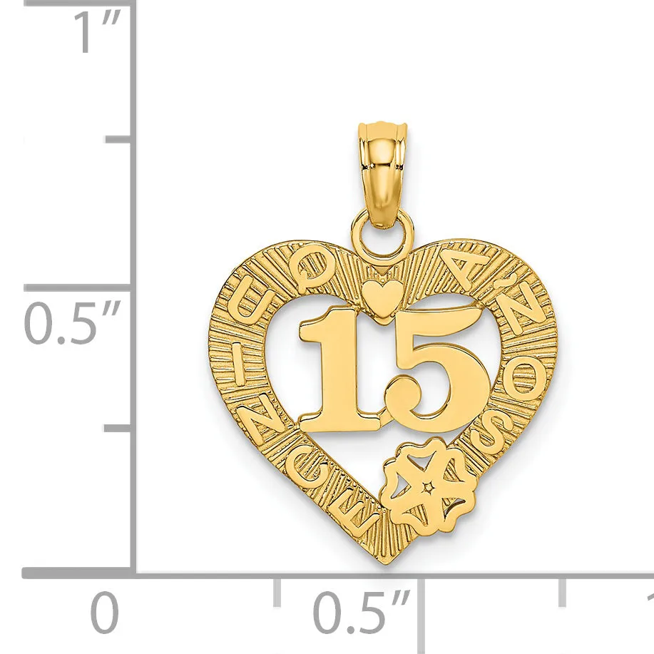 14k Yellow Gold QUINCE ANOS 15 in Heart Design Pendant