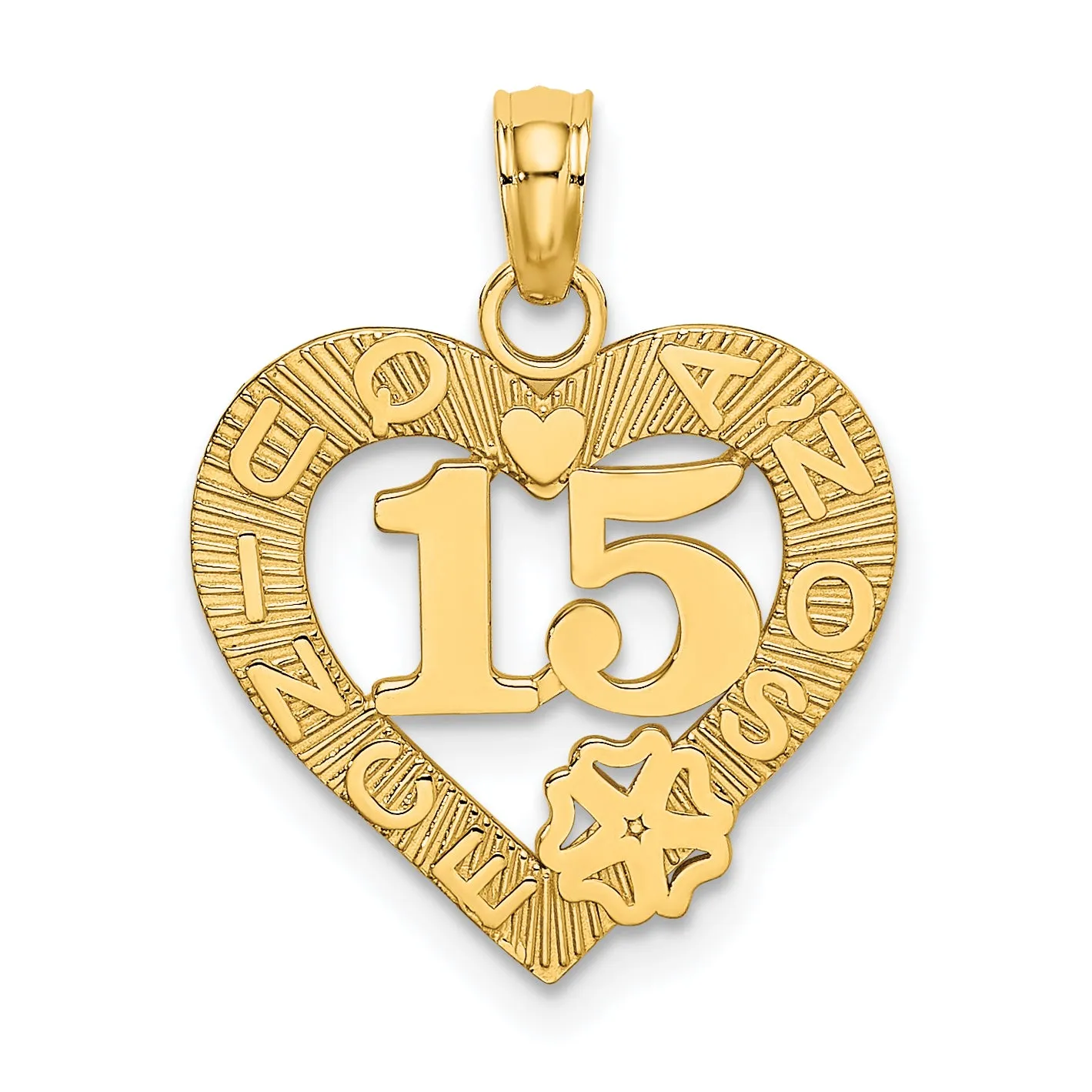 14k Yellow Gold QUINCE ANOS 15 in Heart Design Pendant