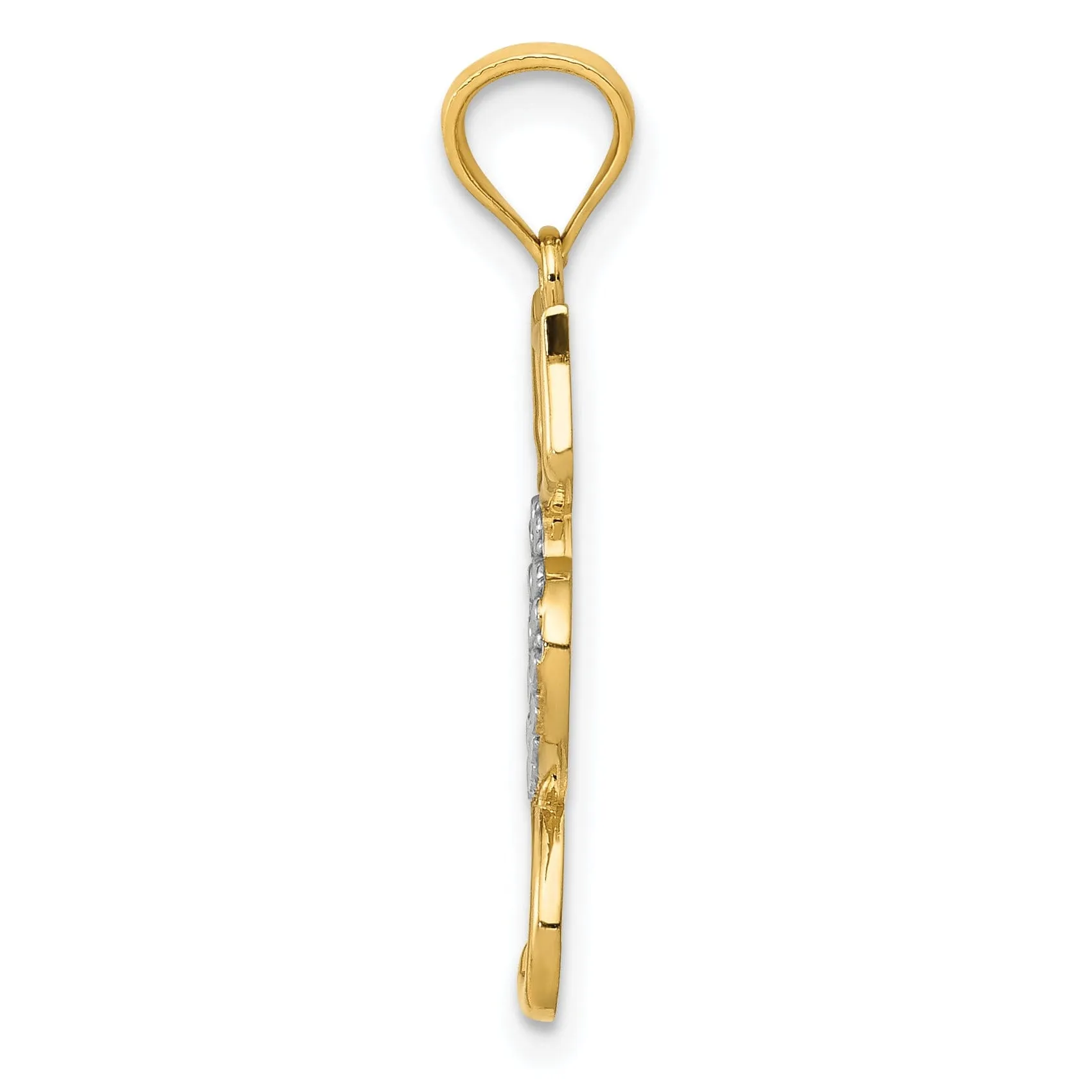 14k Yellow Gold White Rhodium Solid Polished Textured Finish Cat Sitting With Heart Design Charm Pendant