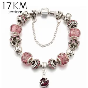 17KM 2016 European Vintage Silver Color Charm Glass Bracelets & Bangles For Women Crystal Heart Ball Beads Pulseras DIY Jewelry
