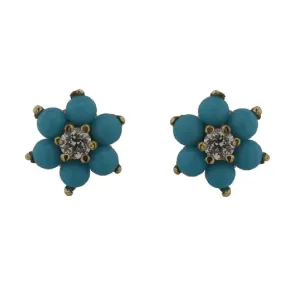 18K Yellow Gold Turquoise and Zirconia Flower Screwback Earrings