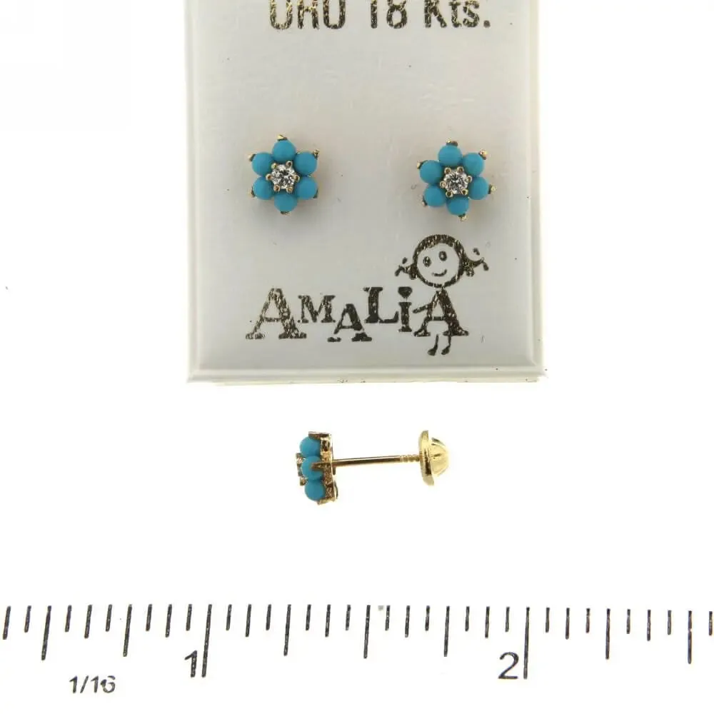 18K Yellow Gold Turquoise and Zirconia Flower Screwback Earrings