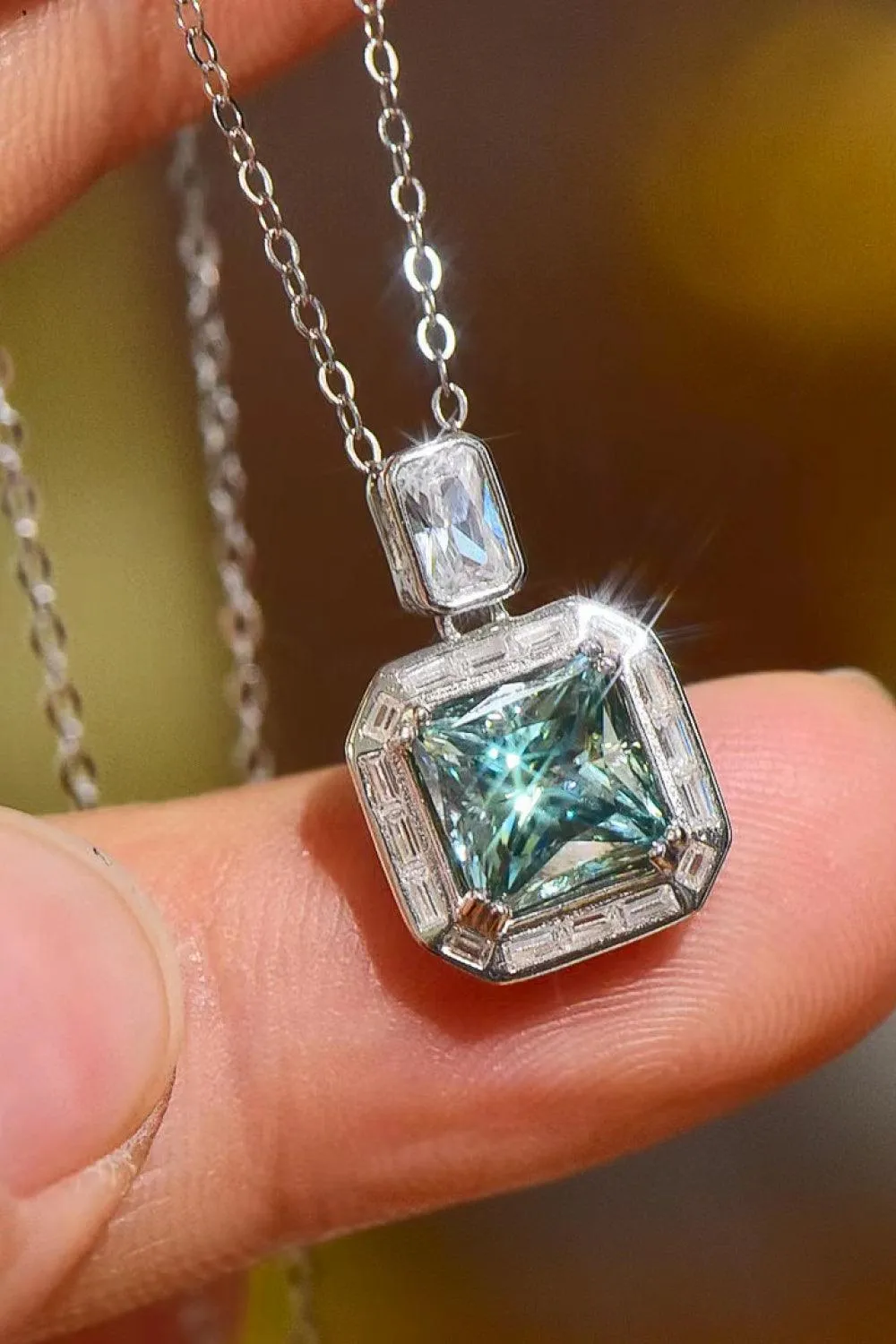 2 Carat Teal Square Pendant Moissanite Necklace