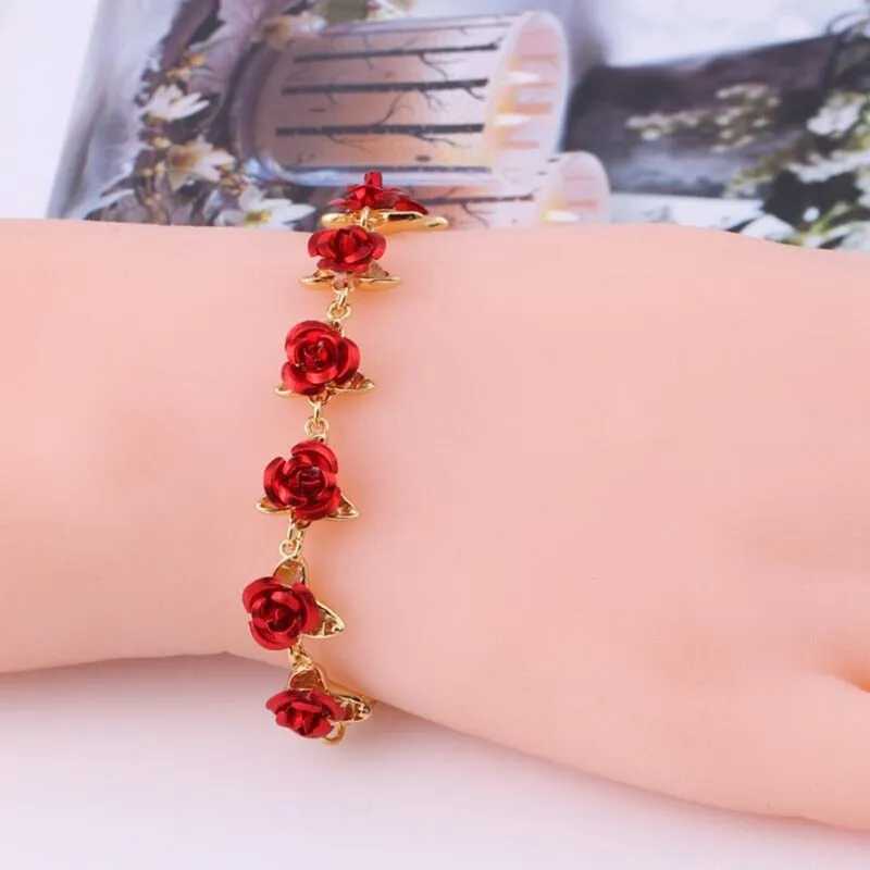 22 cm. Rose Gold Chain Link Romantic Bracelet for Women and Girls - Red Enamel Rose Jewelry - Valentine For Lovers