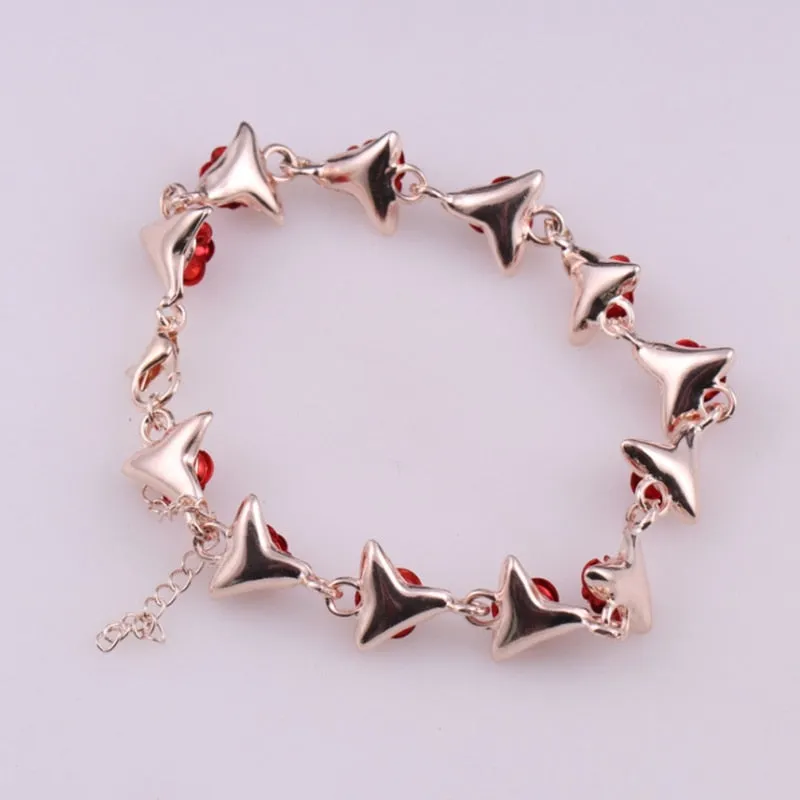 22 cm. Rose Gold Chain Link Romantic Bracelet for Women and Girls - Red Enamel Rose Jewelry - Valentine For Lovers