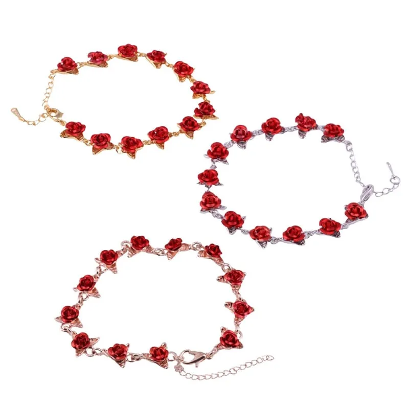 22 cm. Rose Gold Chain Link Romantic Bracelet for Women and Girls - Red Enamel Rose Jewelry - Valentine For Lovers