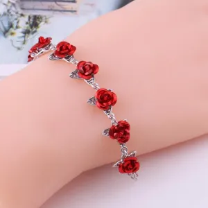 22 cm. Rose Gold Chain Link Romantic Bracelet for Women and Girls - Red Enamel Rose Jewelry - Valentine For Lovers