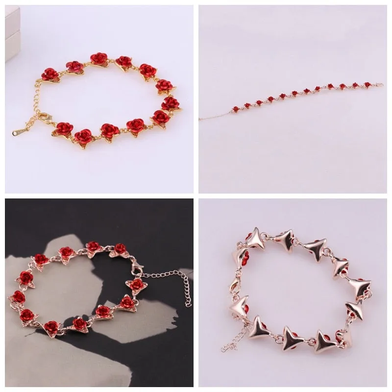22 cm. Rose Gold Chain Link Romantic Bracelet for Women and Girls - Red Enamel Rose Jewelry - Valentine For Lovers