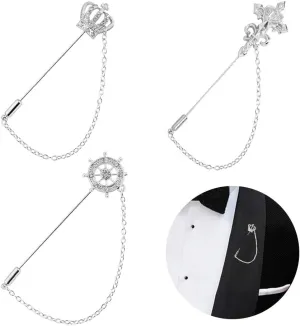3 Packs Men's Brooch Lapel Pin Crown Rudder Cross Badge Hanging Chains Collar for Career Suit Tuxedo of Shirts Tie Hat Scarf for Boyfriend Father Birthday Silver