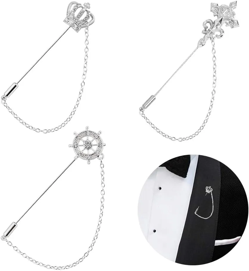 3 Packs Men's Brooch Lapel Pin Crown Rudder Cross Badge Hanging Chains Collar for Career Suit Tuxedo of Shirts Tie Hat Scarf for Boyfriend Father Birthday Silver