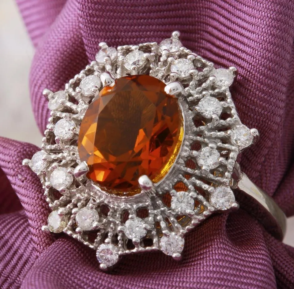3.46 Carats Exquisite Natural Madeira Citrine and Diamond 14K Solid White Gold Ring