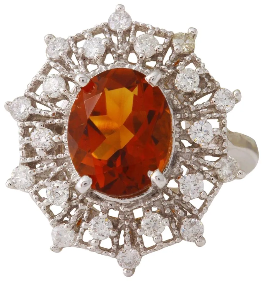 3.46 Carats Exquisite Natural Madeira Citrine and Diamond 14K Solid White Gold Ring