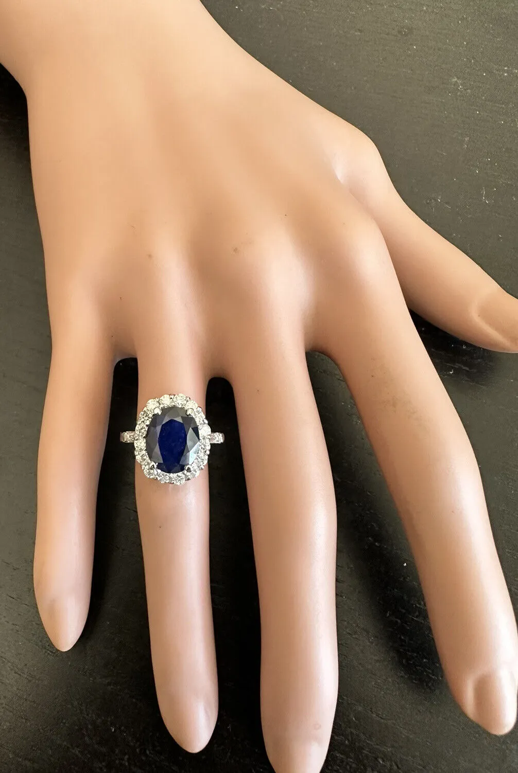 4.85 Carats Exquisite Natural Blue Sapphire and Diamond 14K Solid White Gold Ring