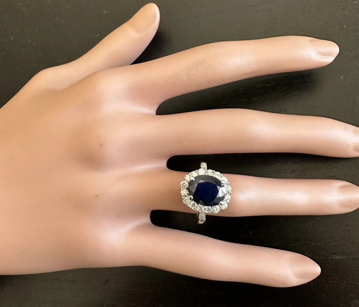 4.85 Carats Exquisite Natural Blue Sapphire and Diamond 14K Solid White Gold Ring