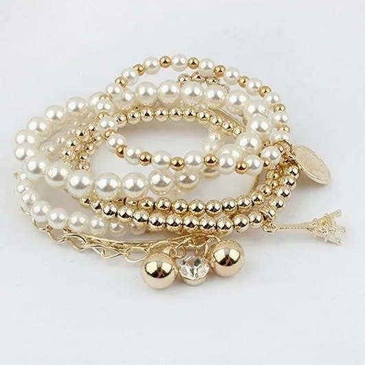 6-Piece: Multi Layer Pearl Bracelet Set