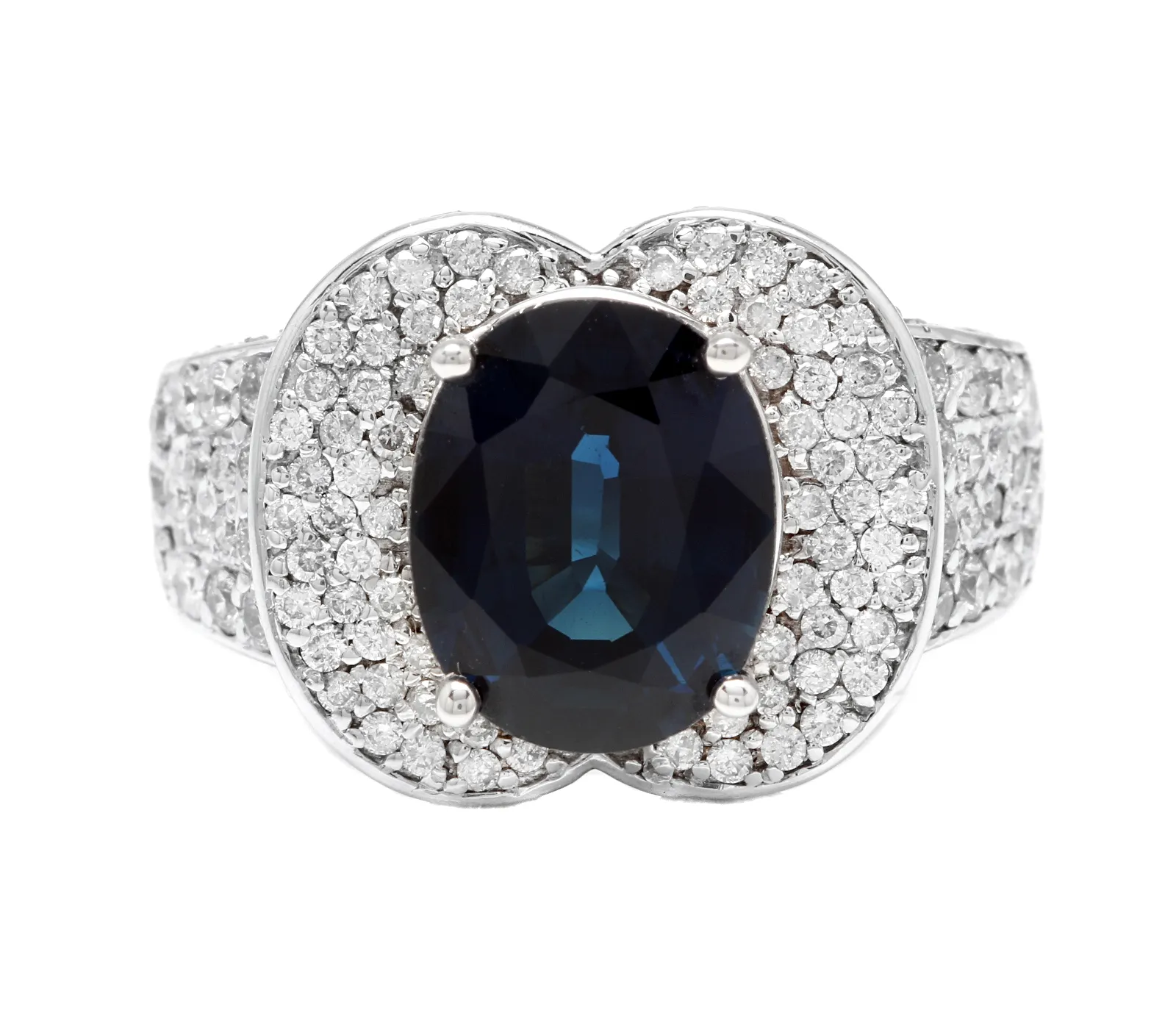 6.20 Carats Exquisite Natural Blue Sapphire and Diamond 14K Solid White Gold Ring