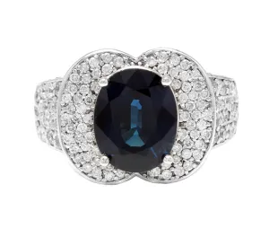 6.20 Carats Exquisite Natural Blue Sapphire and Diamond 14K Solid White Gold Ring