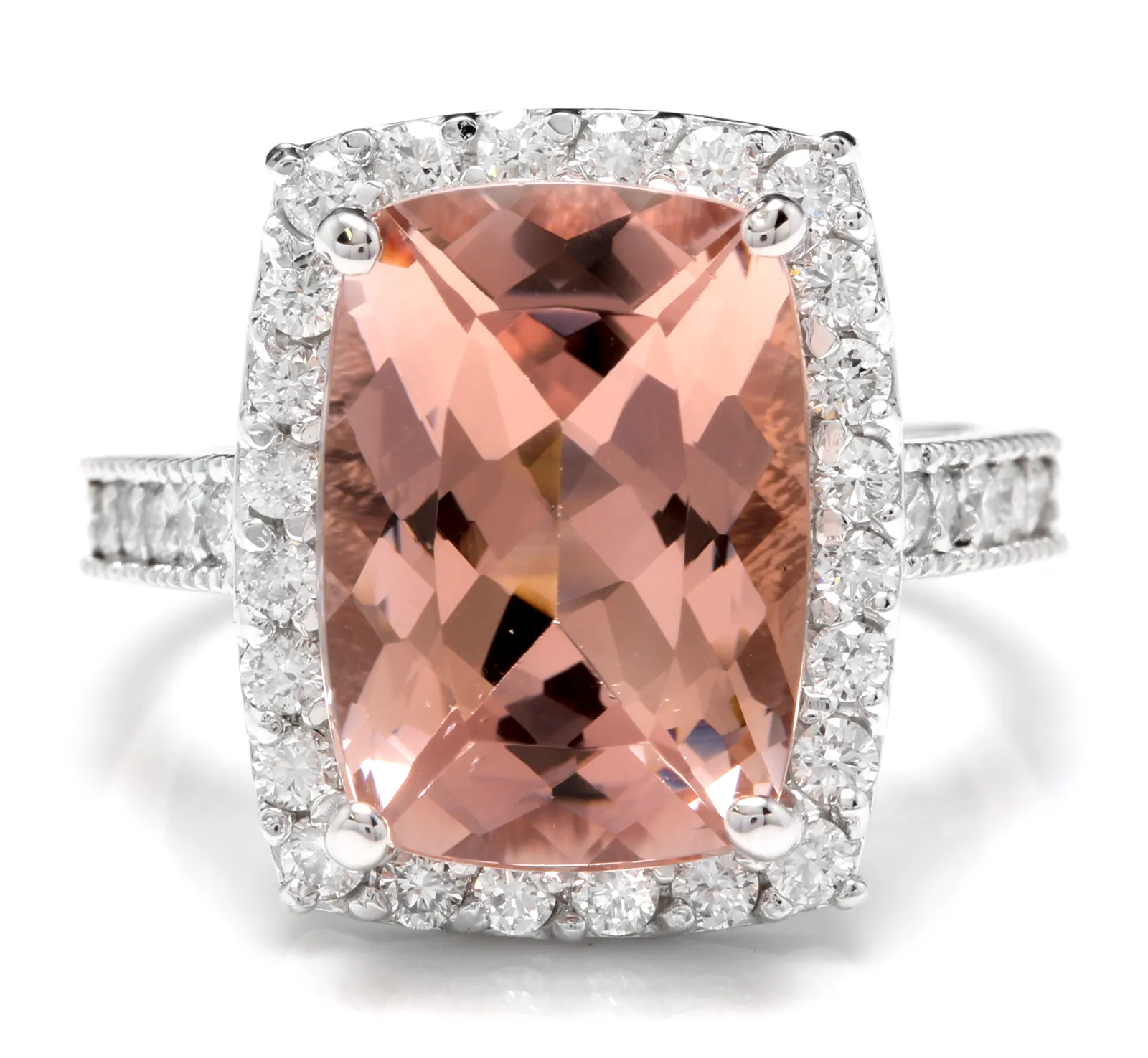 7.35 Carats Exquisite Natural Morganite and Diamond 14K Solid White Gold Ring