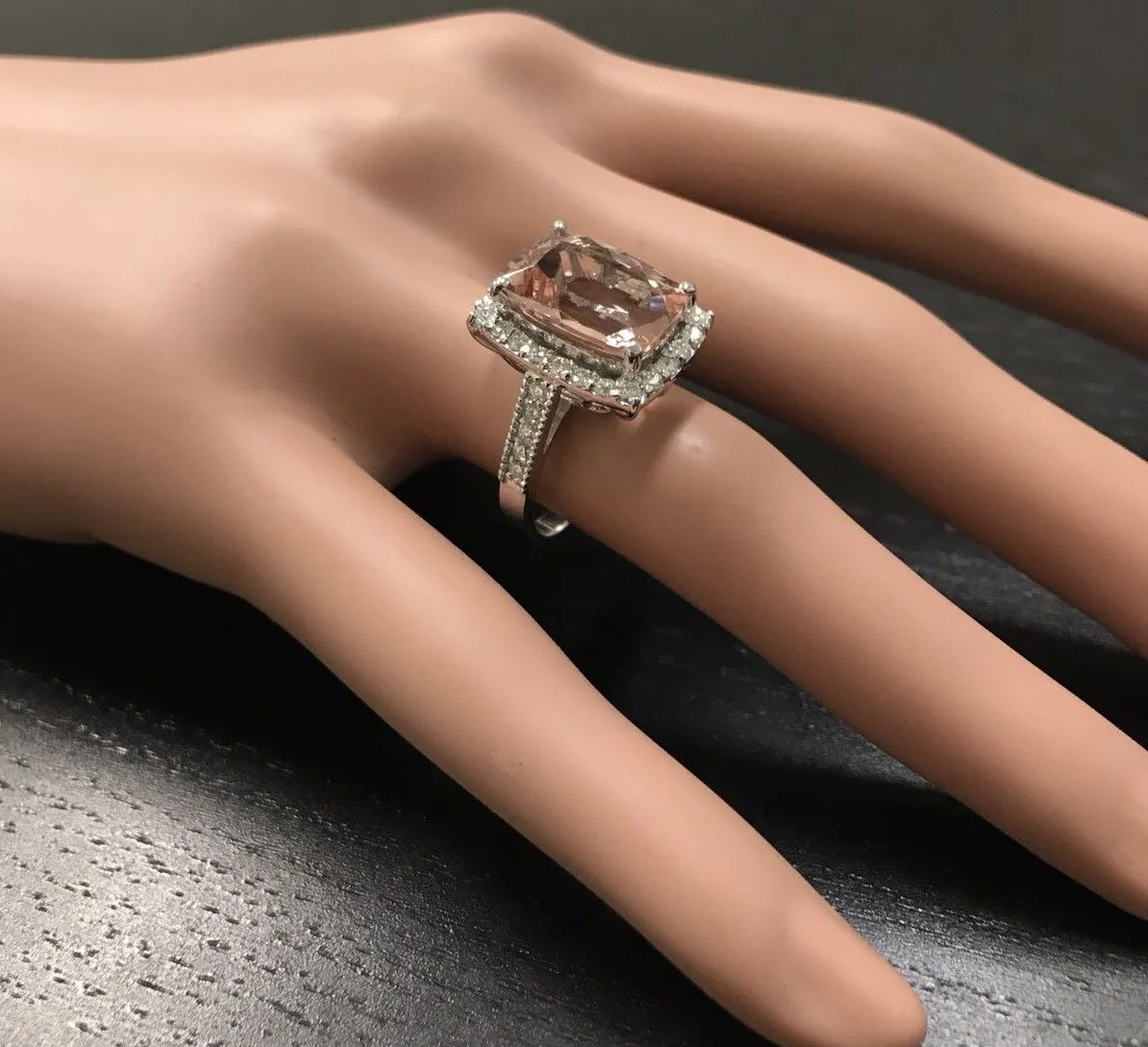 7.35 Carats Exquisite Natural Morganite and Diamond 14K Solid White Gold Ring