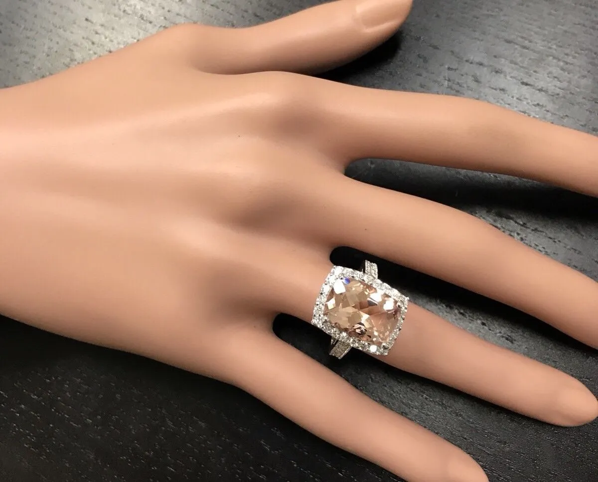 7.35 Carats Exquisite Natural Morganite and Diamond 14K Solid White Gold Ring