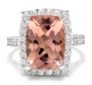 7.35 Carats Exquisite Natural Morganite and Diamond 14K Solid White Gold Ring