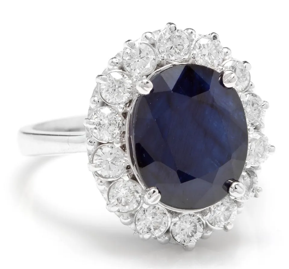 8.65 Carats Exquisite Natural Blue Sapphire and Diamond 14K Solid White Gold Ring