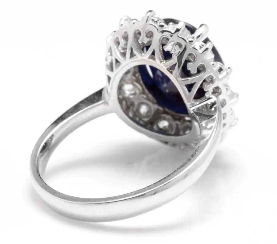 8.65 Carats Exquisite Natural Blue Sapphire and Diamond 14K Solid White Gold Ring