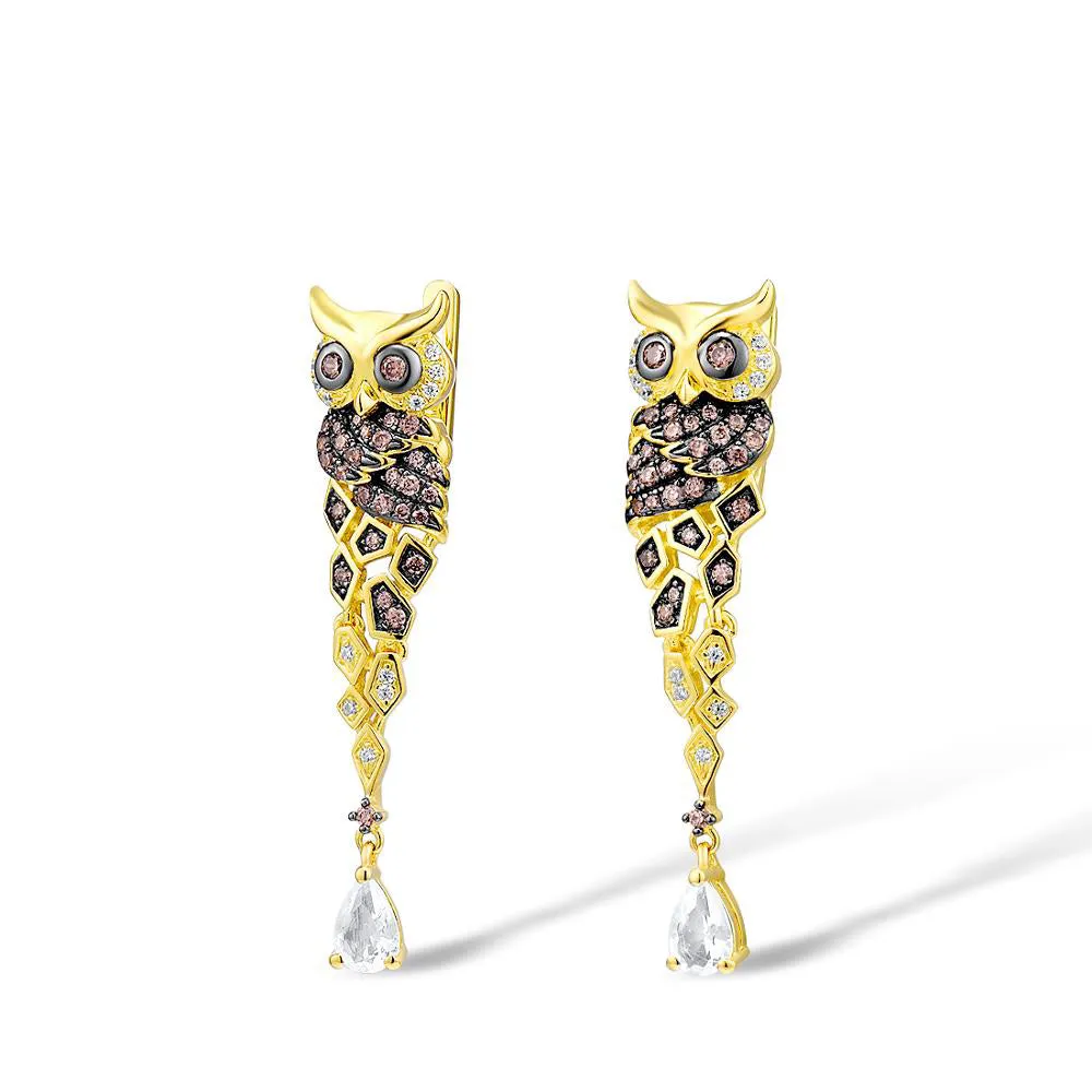 925 Sterling Silver Gold Color Sparkling Chocolate CZ Creative Owl Drop Earrings