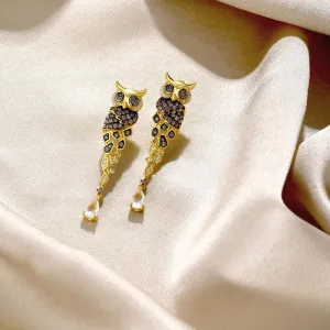 925 Sterling Silver Gold Color Sparkling Chocolate CZ Creative Owl Drop Earrings