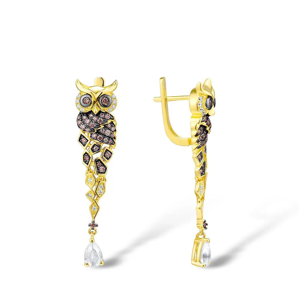 925 Sterling Silver Gold Color Sparkling Chocolate CZ Creative Owl Drop Earrings