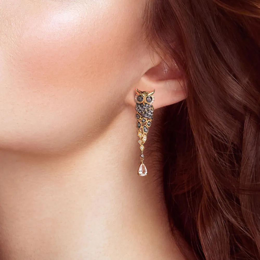 925 Sterling Silver Gold Color Sparkling Chocolate CZ Creative Owl Drop Earrings