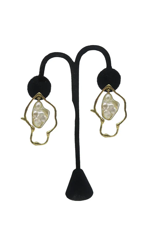 Abstract Gold Pearl Earrings