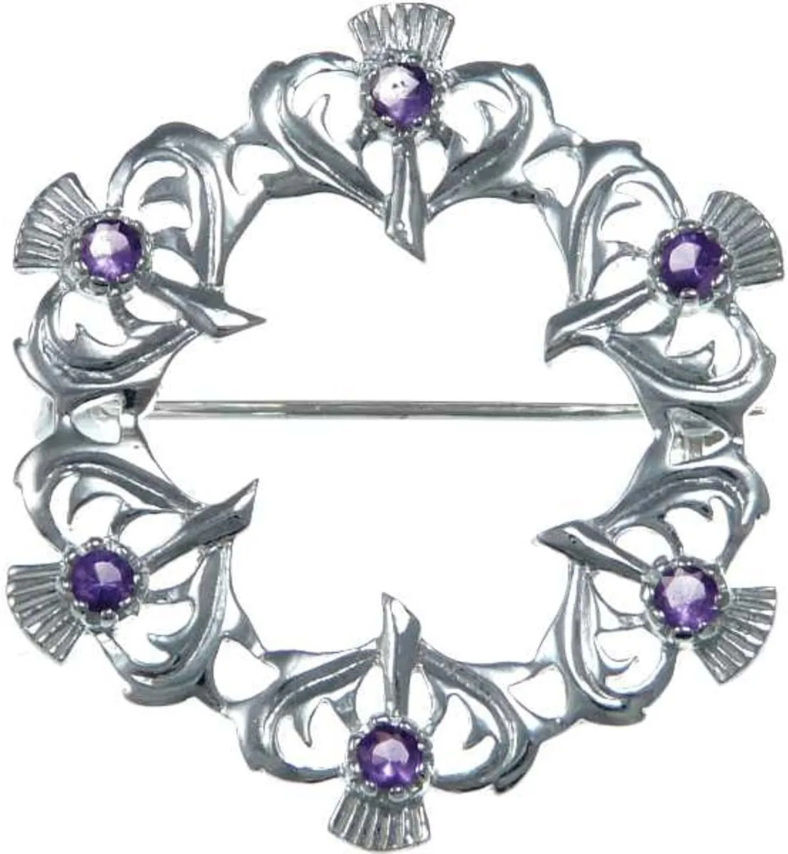 Alexander Castle 925 Sterling Silver Scottish Thistle Brooch Pin with Real Amethyst Stones & Jewelry Gift Box - Scottish Gift for Women