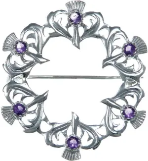 Alexander Castle 925 Sterling Silver Scottish Thistle Brooch Pin with Real Amethyst Stones & Jewelry Gift Box - Scottish Gift for Women