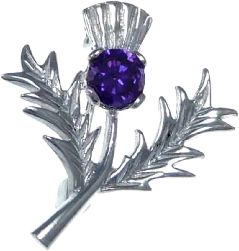 Alexander Castle Small 925 Sterling Silver Scottish Thistle Brooch Pin with Real Amethyst Stone & Jewelry Gift Box - Scottish Gift for Women