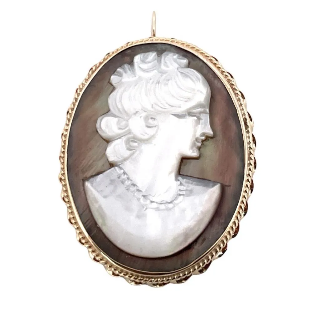 Antique 14K Yellow Gold Carved Mother of Pearl Cameo Brooch Pendant