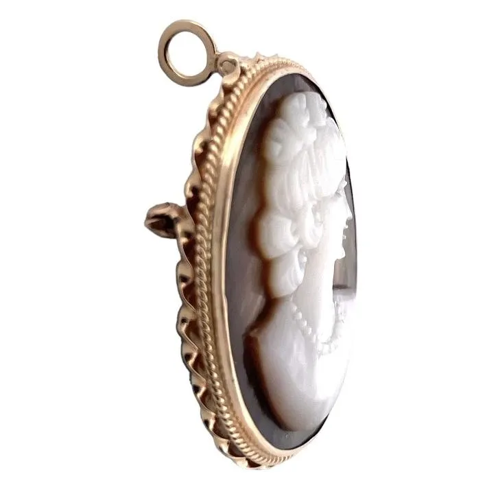 Antique 14K Yellow Gold Carved Mother of Pearl Cameo Brooch Pendant