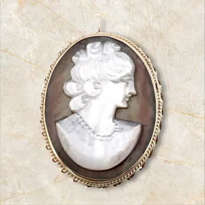 Antique 14K Yellow Gold Carved Mother of Pearl Cameo Brooch Pendant