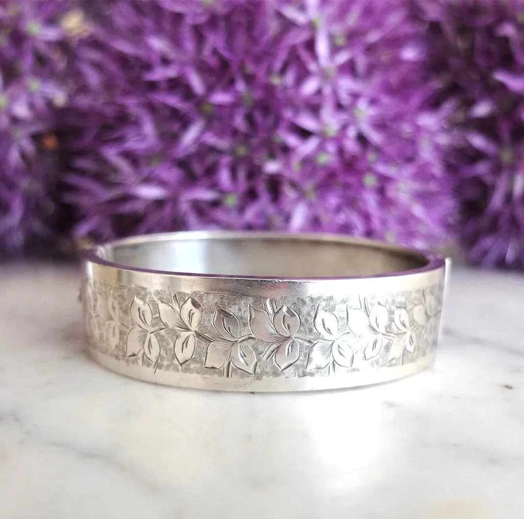 Antique Victorian Ivy Silver Bangle Bracelet