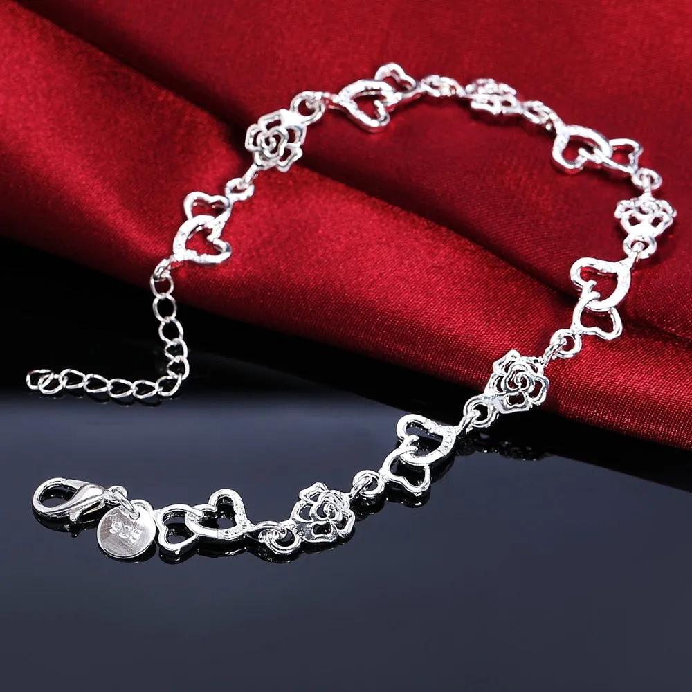 Beautiful hot women bracelet HEART lovely FLOWER chain fashion Wedding Party Silver cute lady nice  bracelet jewelry , LH009
