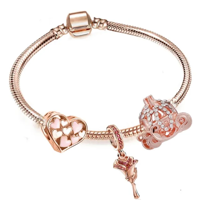 BRACE CO European Heart-shaped Pendant Charm Bracelet Fit Women's Jewellery Snake Chain Rose Gold Metal Fashion Fine Bracelets