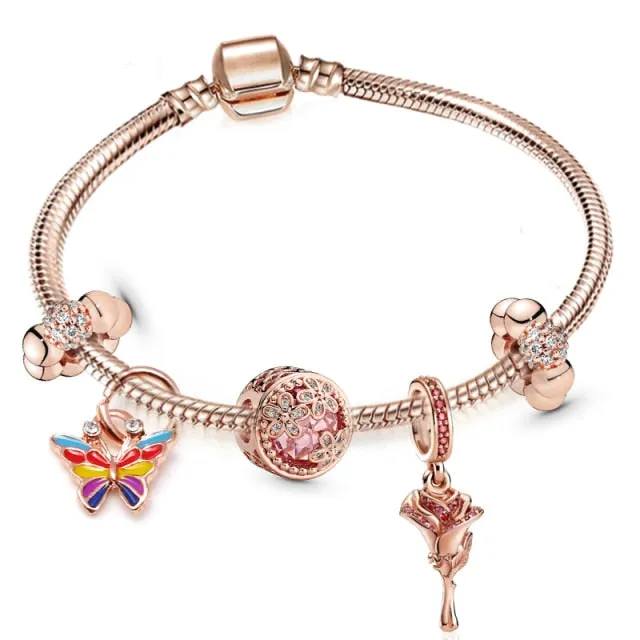 BRACE CO European Heart-shaped Pendant Charm Bracelet Fit Women's Jewellery Snake Chain Rose Gold Metal Fashion Fine Bracelets