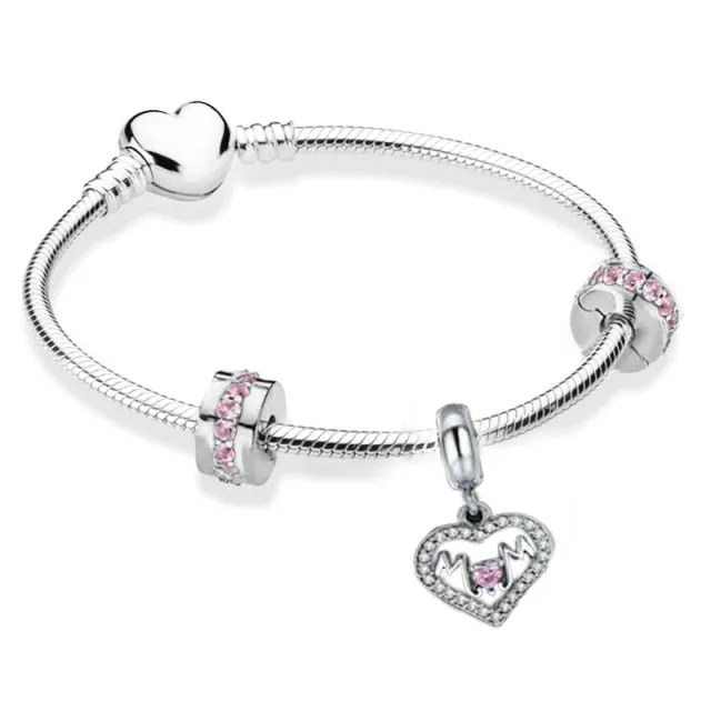 BRACE CO European Heart-shaped Pendant Charm Bracelet Fit Women's Jewellery Snake Chain Rose Gold Metal Fashion Fine Bracelets