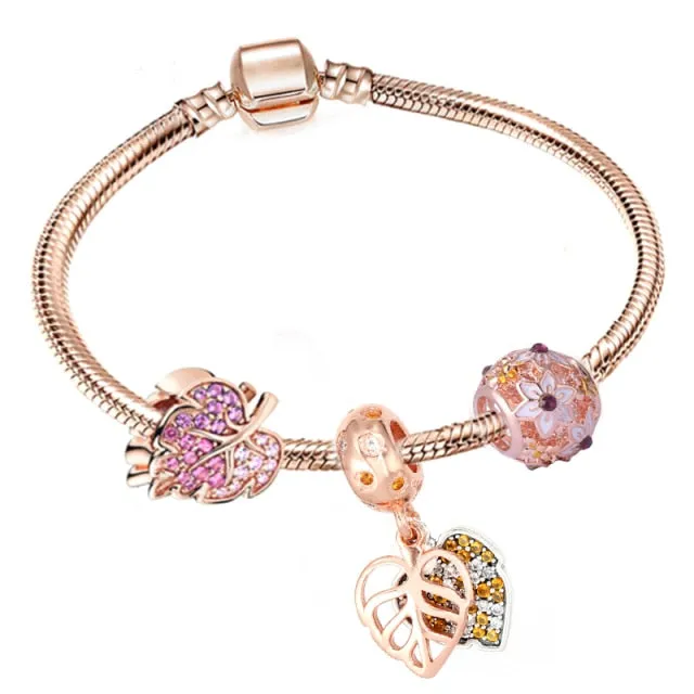 BRACE CO European Heart-shaped Pendant Charm Bracelet Fit Women's Jewellery Snake Chain Rose Gold Metal Fashion Fine Bracelets